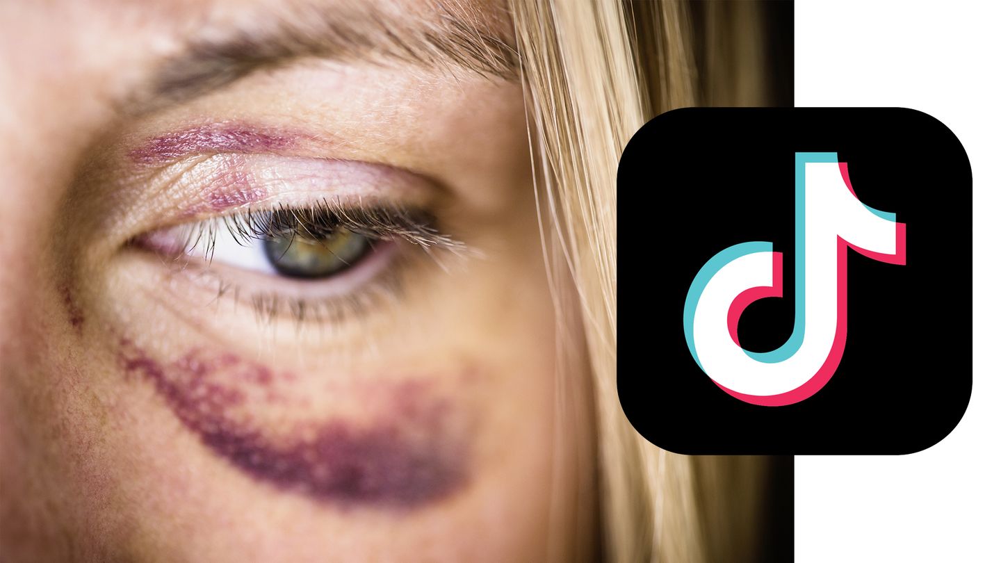 Kollage mit einer Nahaufnahme eine Frau mit Feilchen und dem TikTok-Logo