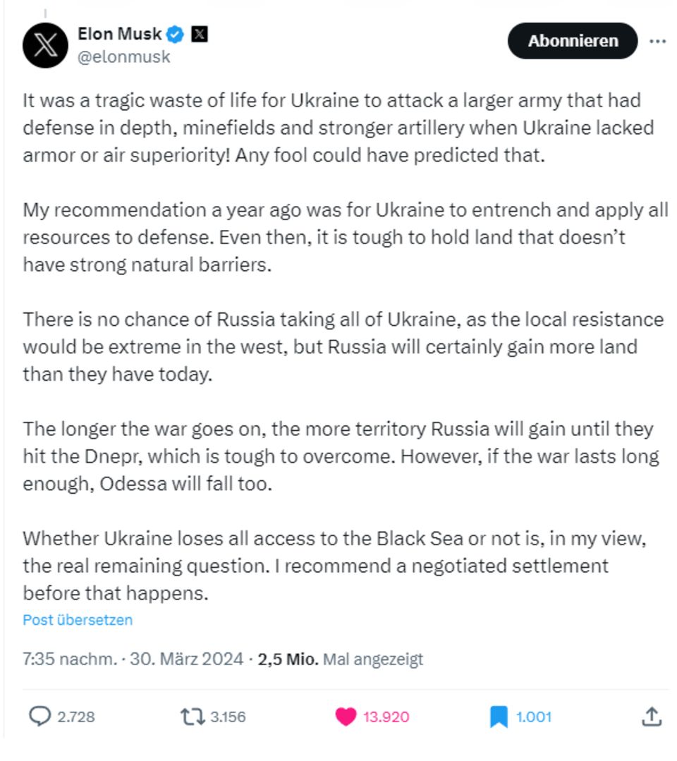Ukraine War: Elon Musk predicts Kiev Ukraine War: Elon Musk predicts Kiev