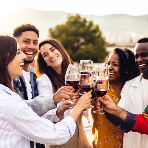 Zeitumstellung: Freunde im Sonneruntergang im Garten