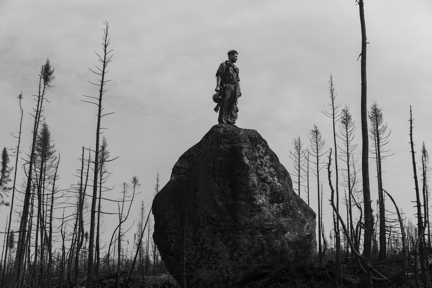 A Day in the Life of a Quebec Fire Crew Feuerwehrmann auf einem Fels zwischen verbrannten Bäumen