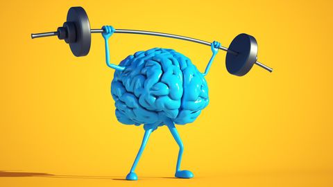 3D-Illustration eines blauen Gehirns mit Armen und Beinen, das vor gelbem Hintergrund Gewicht hebt
