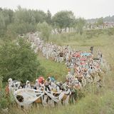 Demonstriernde marschieren durch eine Wiese