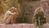 Jane Goodall (links) hockt neben einem Affen (rechts) und beobachtet ihn