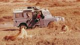 Jane Goodall (l.), ihr Mann Hugo Van Lawick (r.) und der gemeinsamer Sohn Hugo Eric Louis in einem Jeep beobachten Löwen