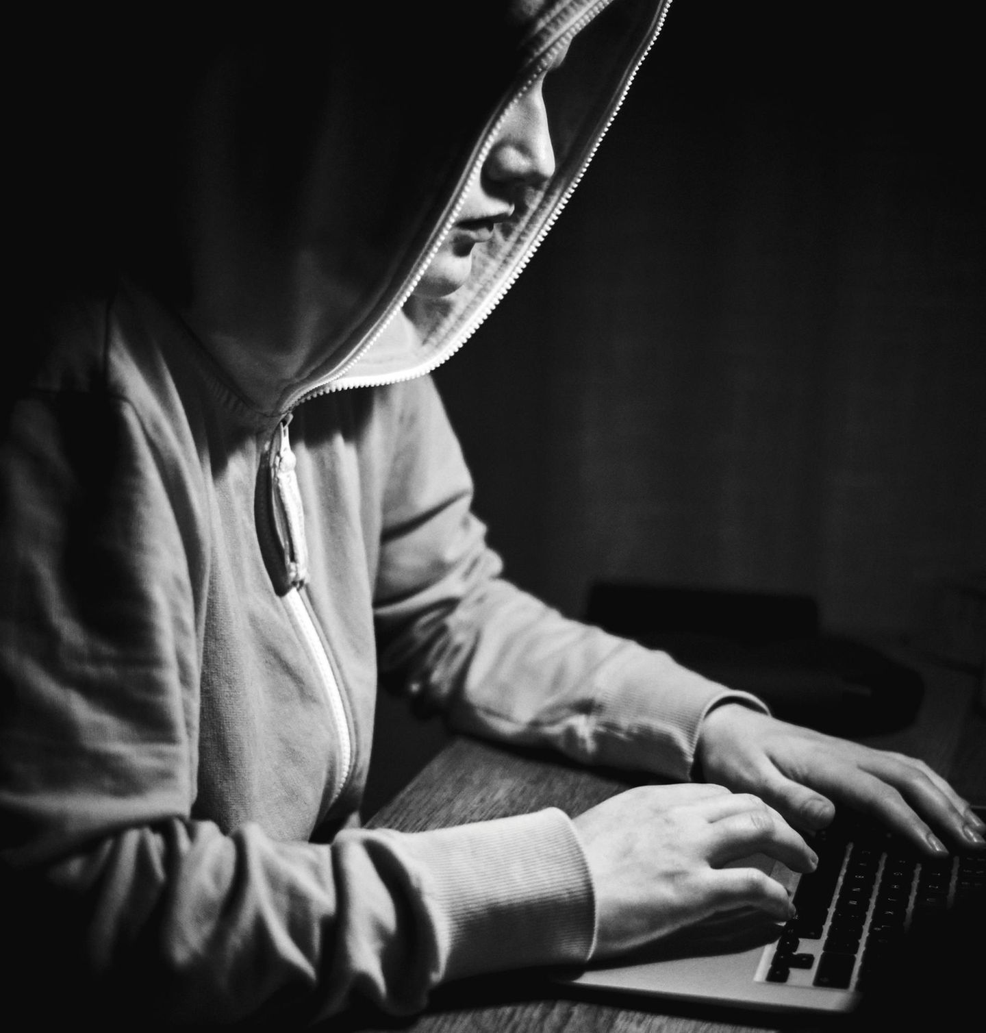 Janne im Profil an ihrem Laptop, nur Nase und Kinn sieht man unter der Hoodie Kapuze.