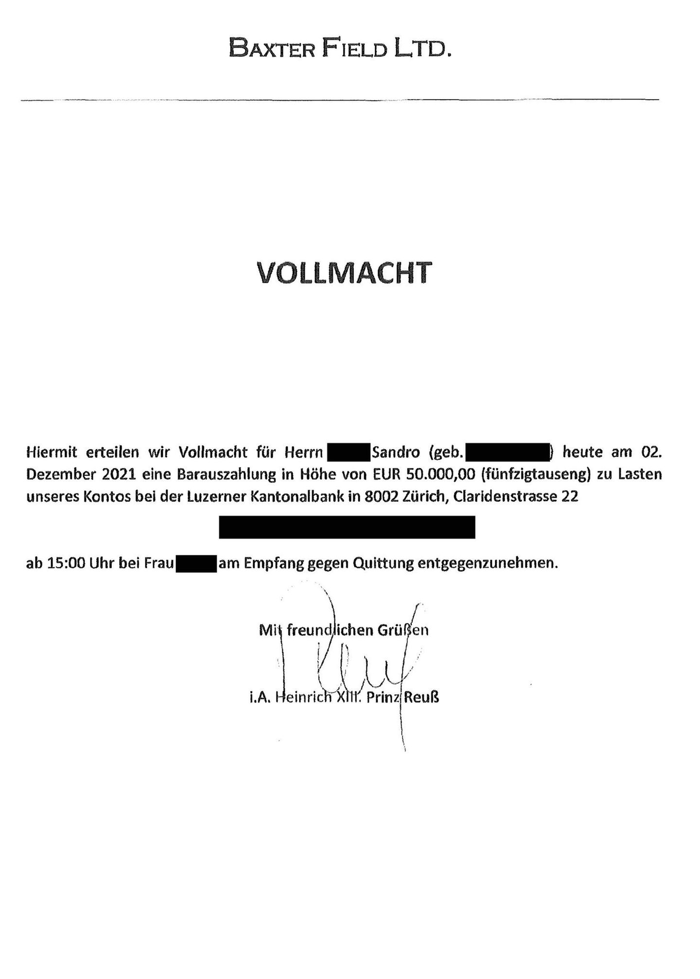Vollmacht von Prinz Reuss