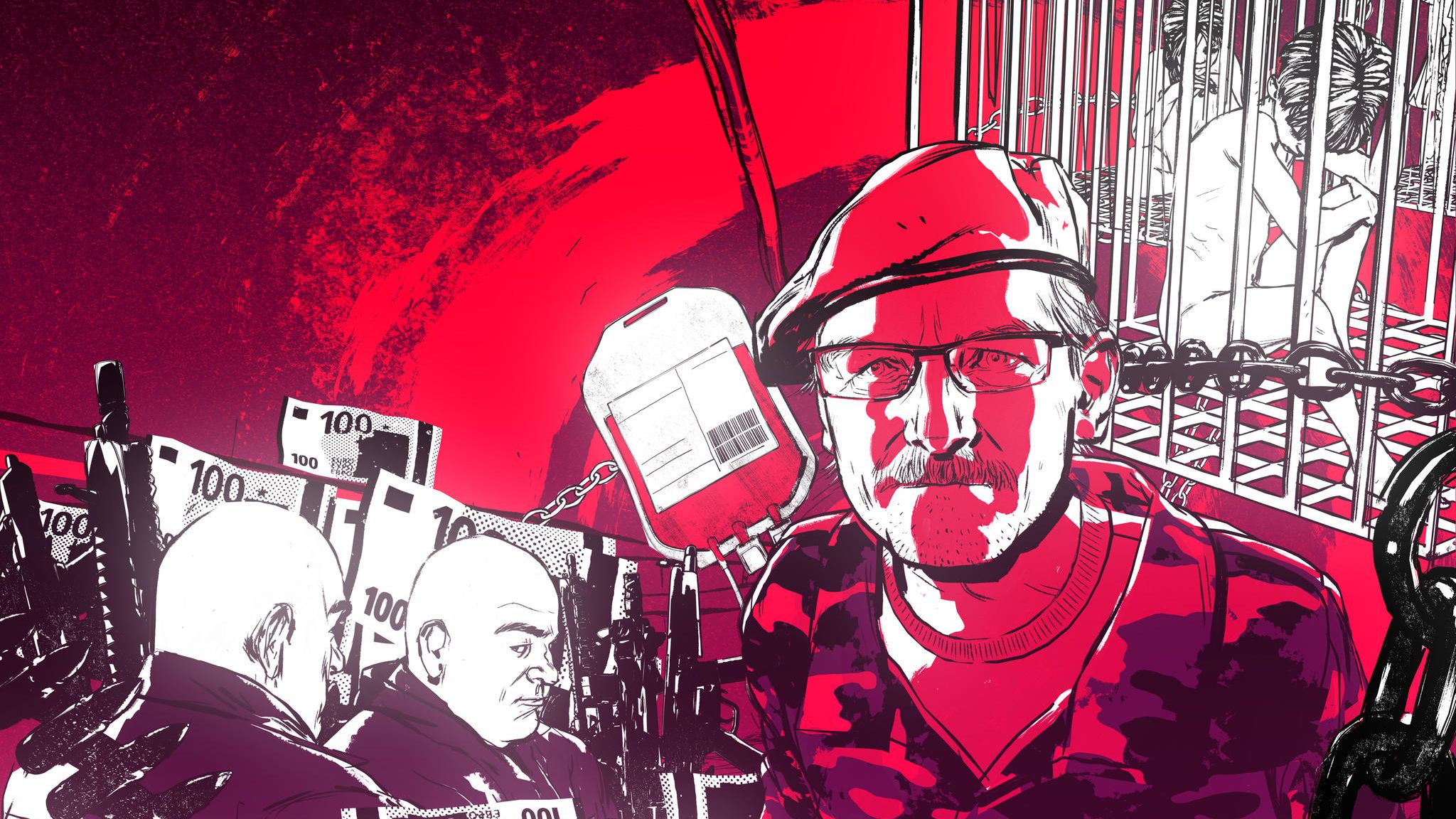 Illustration zeigt Eder in Militärkleidung die Zwillinge, Geldscheine, Blutkonserven, Waffen und Kinder in Käfigen