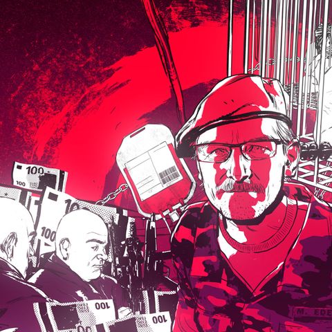 Illustration zeigt Eder in Militärkleidung die Zwillinge, Geldscheine, Blutkonserven, Waffen und Kinder in Käfigen