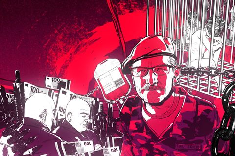 Illustration zeigt Eder in Militärkleidung die Zwillinge, Geldscheine, Blutkonserven, Waffen und Kinder in Käfigen