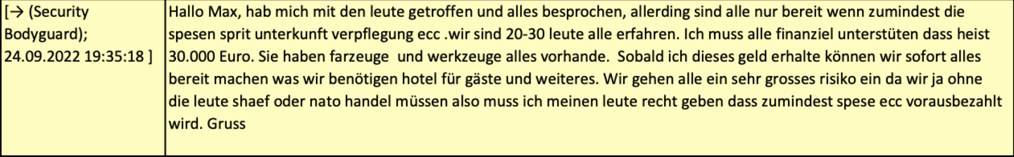 Zwei Wochen später dann stellt sich raus: Nichts ist umsonst, auch nicht die "stabilen Jungs". Die, so behauptete einer der Brüder R., würden schließlich ordentlich Spesen produzieren: "sprit unterkunft verpflegung ecc". Koste nochmal 30.000 Euro.