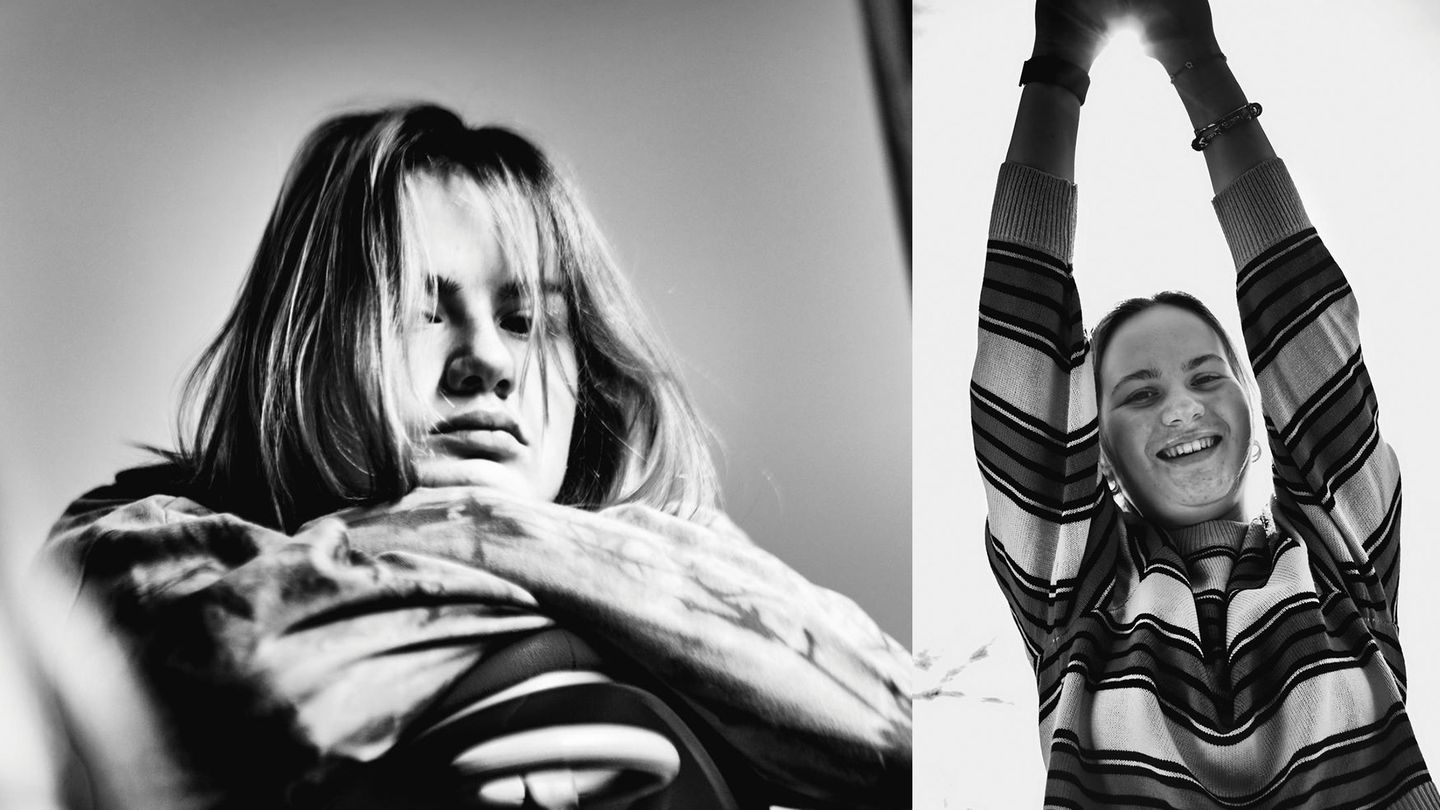 Collage: Janne mit traurig-nachdenklichem Blick in einen Spiegel schauend fotografiert.Janne von der Taille aufwärts