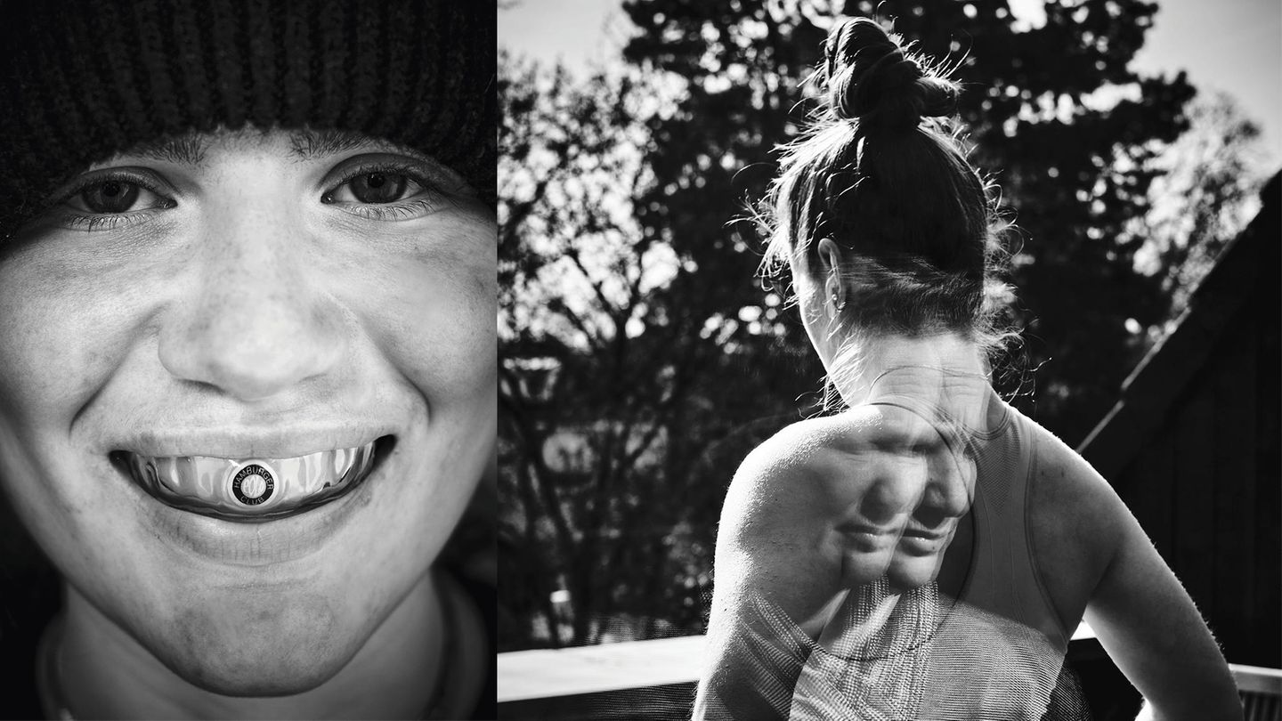 Collage: Jannes Gesicht ganz nah unter dem Rand einer Strickmütze und Janne in einer Yogapose auf dem Balkon