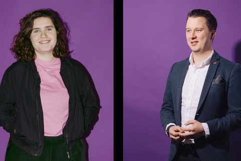Streitgespräch Vier-Tage-Woche: Eine junge Frau steht links im Bild, ein junger Mann rechts