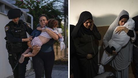 Bildkombination zeigt eine Szene aus Israel und Gaza: Frau trägt Tochter und Mutter trauert um Kind