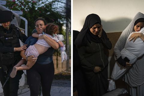 Bildkombination zeigt eine Szene aus Israel und Gaza: Frau trägt Tochter und Mutter trauert um Kind