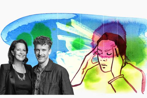 Illustration Hochsensibiltät: Eine Frau reibt sich die Schläfen. Daneben ein Foto von Stefanie Stahl und Lukas Klaschinski