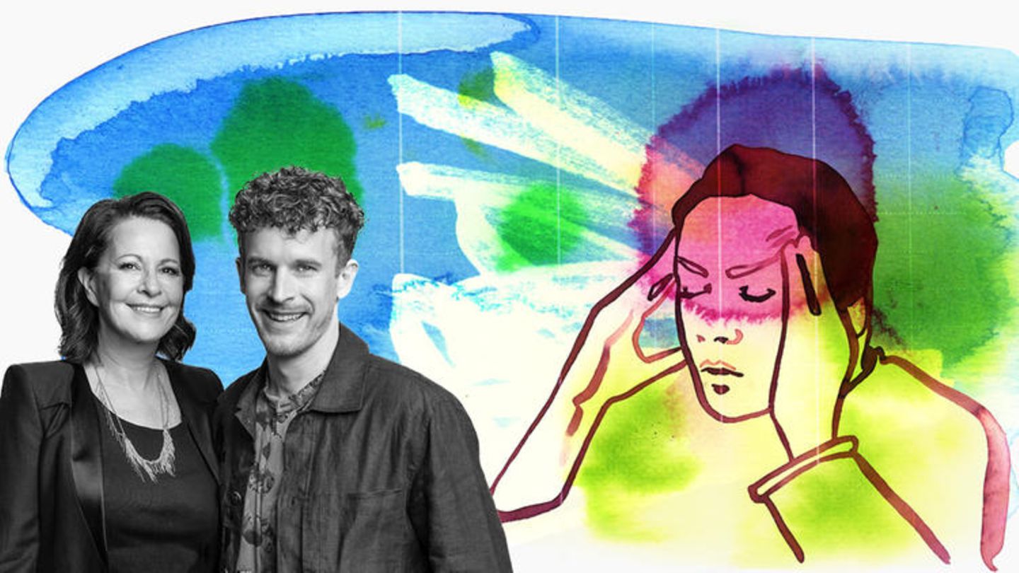 Illustration Hochsensibiltät: Eine Frau reibt sich die Schläfen. Daneben ein Foto von Stefanie Stahl und Lukas Klaschinski