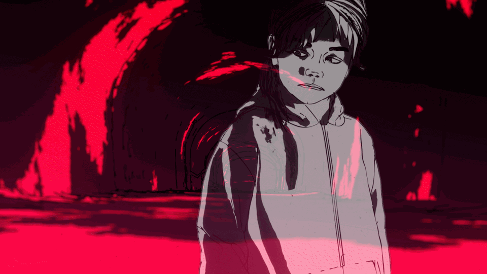 Das GIF zeigt ein kleines Mädchen, das traurig nach unten schaut, während es in einem dunklen Tunnel steht