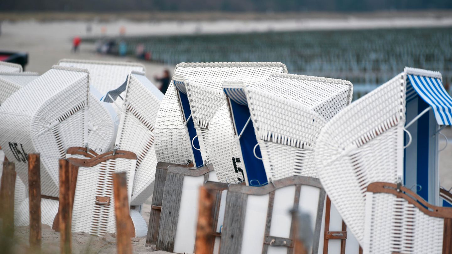 Weiße Strandkörbe mit schwarzen Nummern und blau-weiß gestreiften Polstern stehen am Ostseestrand