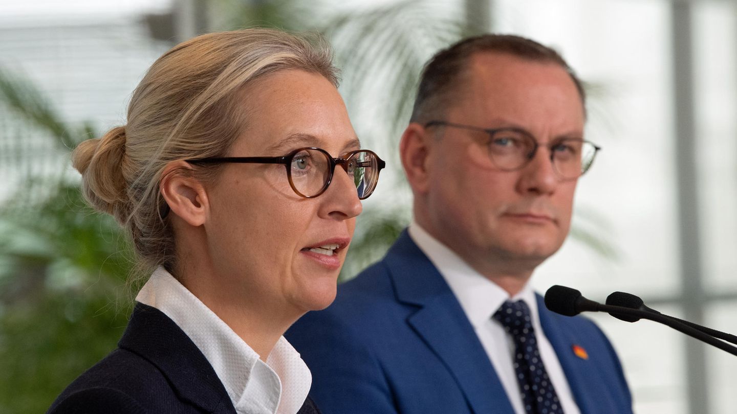 Alice Weidel en Tino Chrupalla, partijen van de AfD, voor een zitting van de Bundestagsfraktion