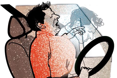 Illustration der Kolumne "Die Diagnose": Mann unterdrückt ein Niesen am Steuer