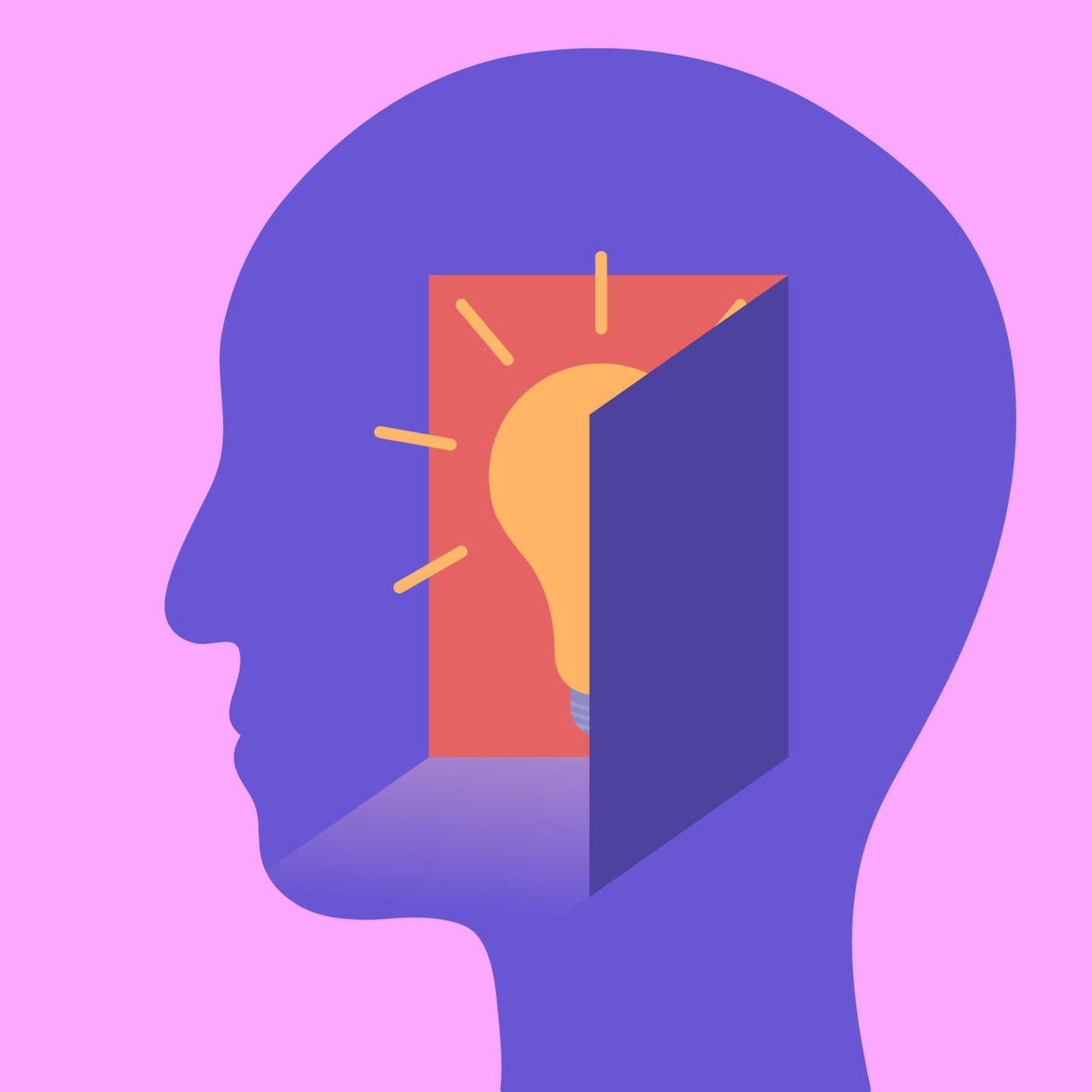 Illustration eines Menschenkopfes im Profil, auf dem sich eine Tür öffnet, hinter der eine Glühbirne zu sehen ist