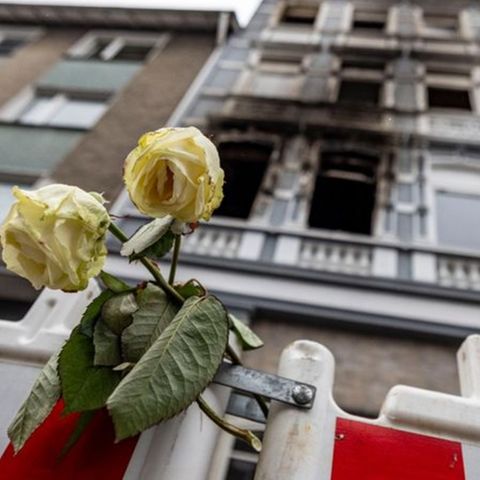 Eine weiße Rose hängt an einer Absperrbake vor dem Brandort in Solingen