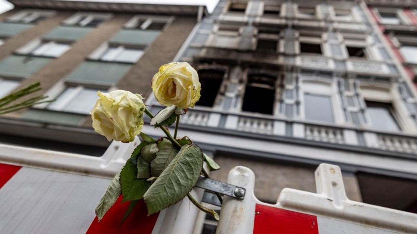 Eine weiße Rose hängt an einer Absperrbake vor dem Brandort in Solingen