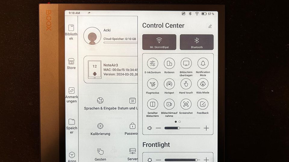 Boox Air Note 3 Das Dropdown-Menü des Boox Air Note 3