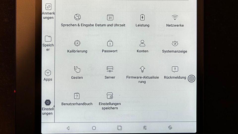 Das Einstellungsmenü des Boox Air Note 3