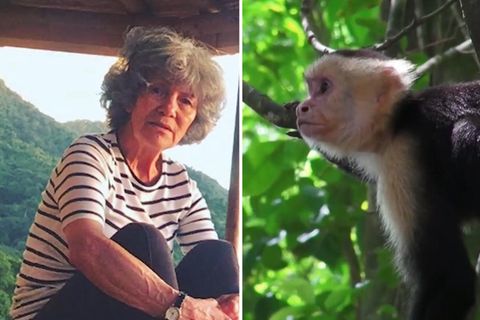 Marina Chapman sitzt in einem Haus im Dschungel, daneben sitzt ein Kapuzineraffe.