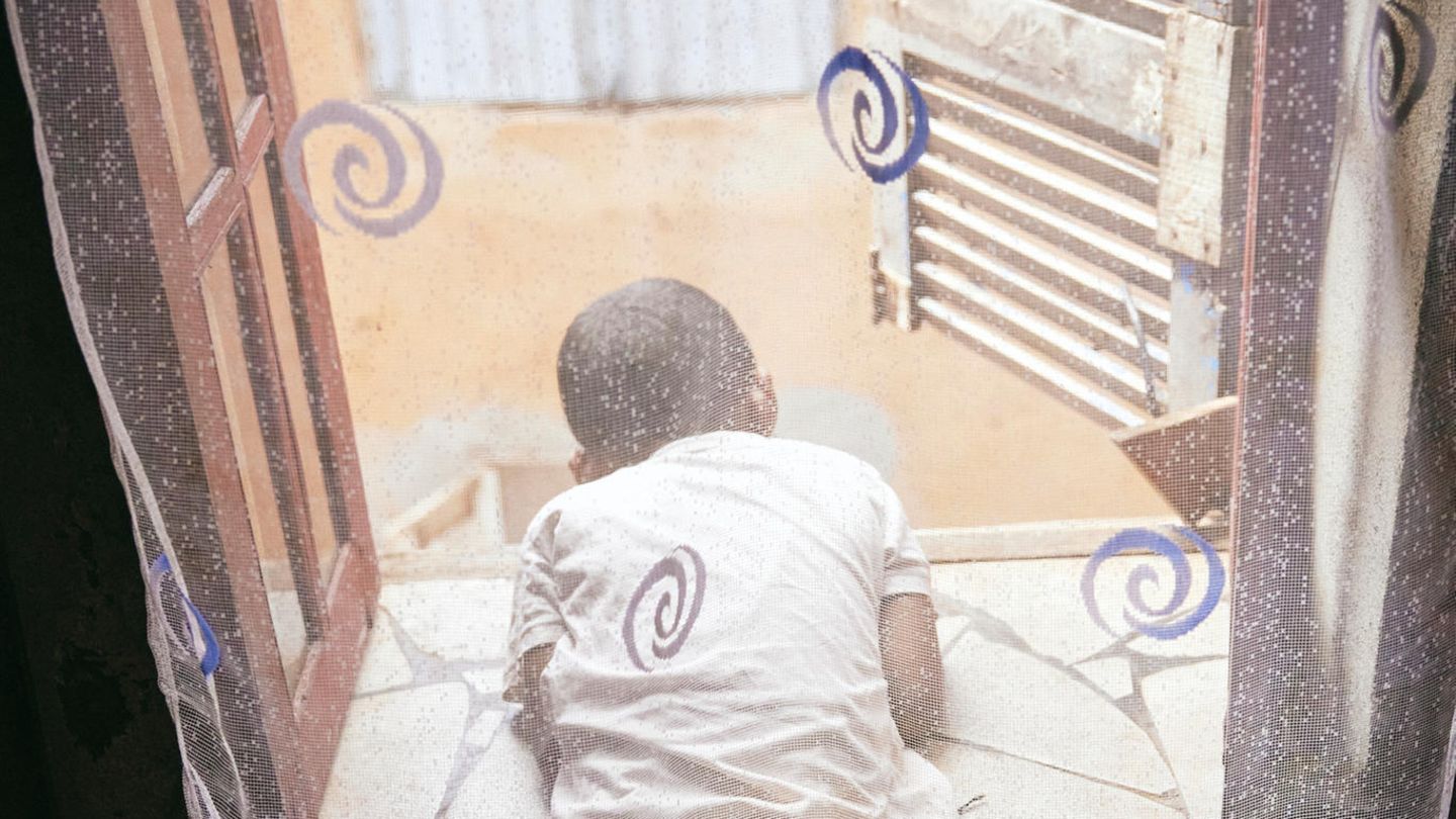 Ein Junge lehnt sich hinter einem Mückennetz aus dem geöffneten Fenster