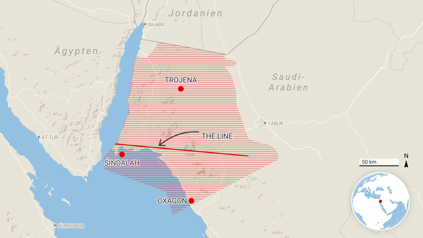 Projekt Neom: Karte mit The Line und den weiteren geplanten Stätten