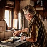 Ein Mann steht am Herd und macht Kaiserschmarn in einer Pfanne