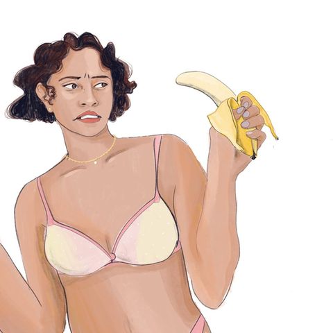 Illustration zeigt eine Frau in Unterwäsche die eine Banane in der einen und ein Kondom in der anderen Hand hält
