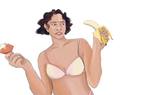 Illustration zeigt eine Frau in Unterwäsche die eine Banane in der einen und ein Kondom in der anderen Hand hält