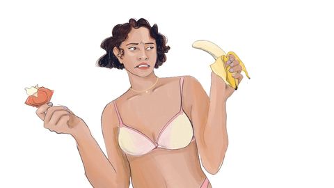 Illustration zeigt eine Frau in Unterwäsche die eine Banane in der einen und ein Kondom in der anderen Hand hält