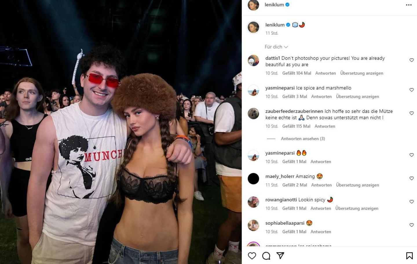 ... war vor Ort in Kalifornien. Ihr Coachella-Look fiel besonders durch die übergroße Fell-Mütze ins Auge. Das Model zeigte sich mit dem Musiker Jaden Miller beim Konzert von Ice Spice.