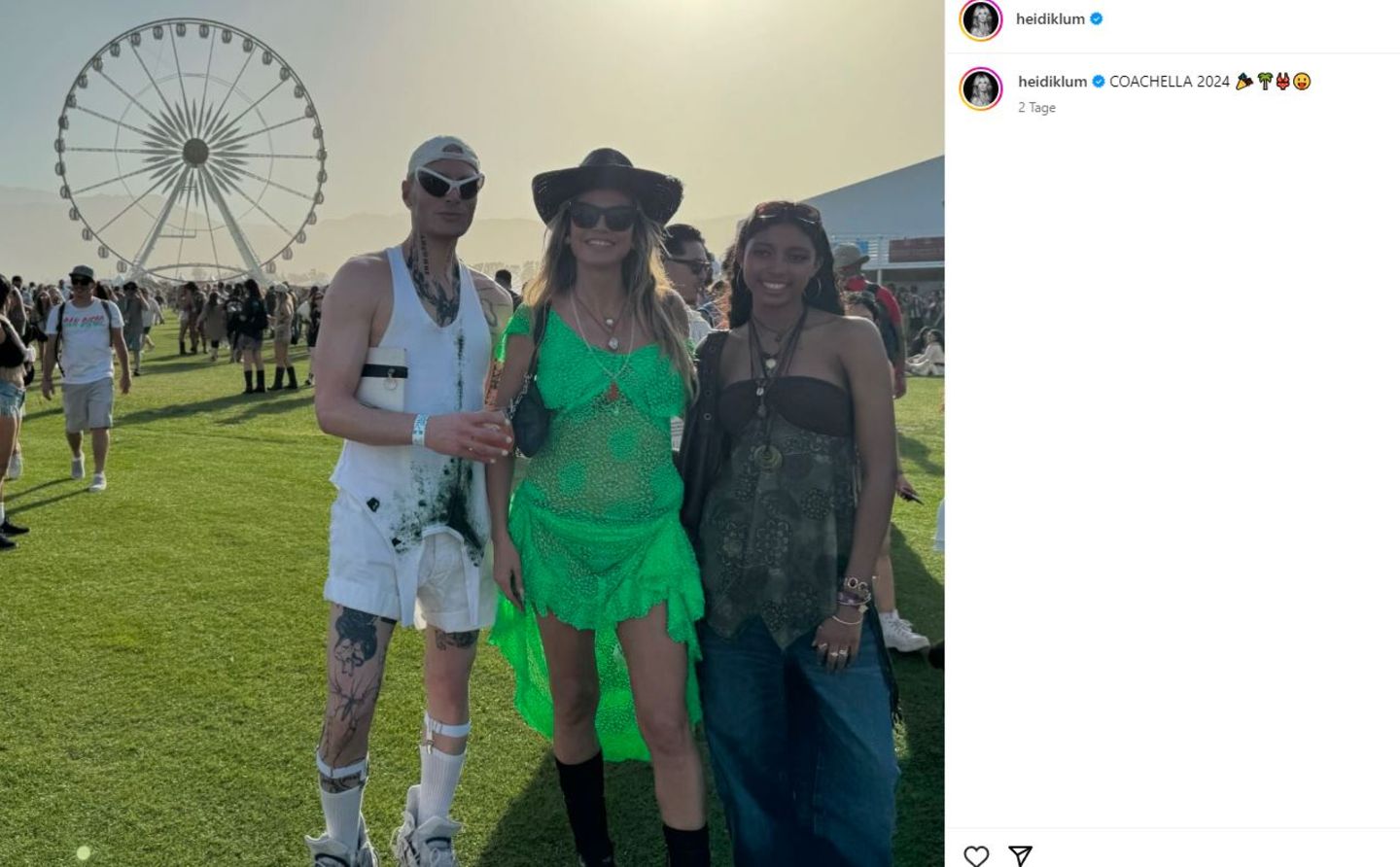 Heidi Klum machte das Coachella-Festival gleich zum Familienausflug: Auf Instagram zeigte sie sich gemeinsam mit Tochter Lou, die beiden posierten mit dem Modedesigner Yannik Zamboni vor dem berühmten Coachella-Riesenrad. Und auch ihre ältere Tochter Leni Klum...