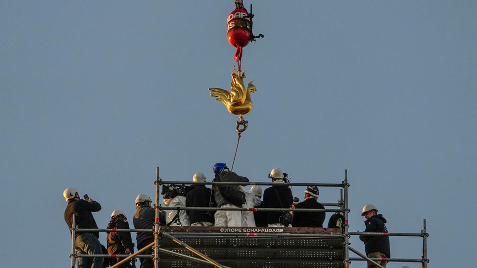 Männer stehen auf einem Baugerüst und blicken auf einen goldenen Hahn