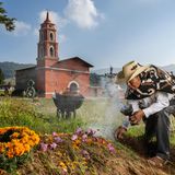 World Press Photo: Ein mit Hut und Poncho gekleideter Mann mit Räuchergefäß an einem mit Blumen geschmückten Grab.