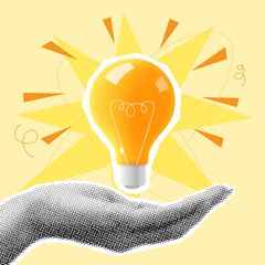 Illustration einer Hand, über der eine leuchtende Glühbirne schwebt