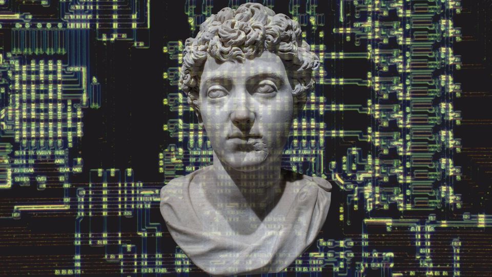 Symbolbild Collage zeigt einen Computerchip und eine Büste von Markus Aurelius