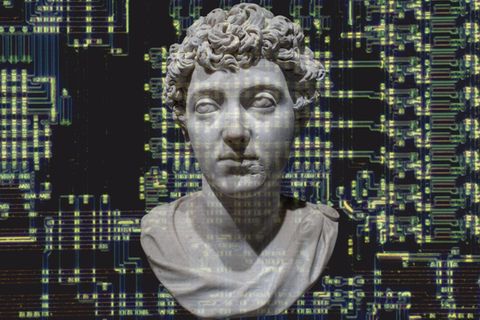 Symbolbild Collage zeigt einen Computerchip und eine Büste von Markus Aurelius