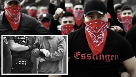 Collage: Männer sind mit rotem Bandana vermummt (rechts und Hintergrund). Mann wird in Handschellen begleitet (links unten)