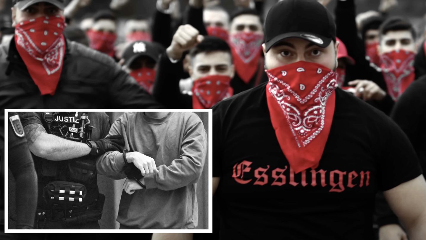 Bandenkriminalität Collage: Männer sind mit rotem Bandana vermummt (rechts und Hintergrund). Mann wird in Handschellen begleitet (links unten)