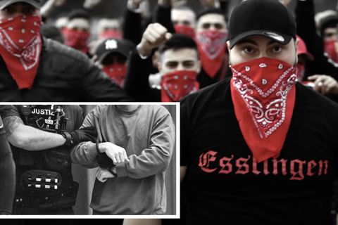 Collage: Männer sind mit rotem Bandana vermummt (rechts und Hintergrund). Mann wird in Handschellen begleitet (links unten)
