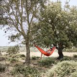 Meike mit ihrem Baby in einer Hängematte auf einer Wiese