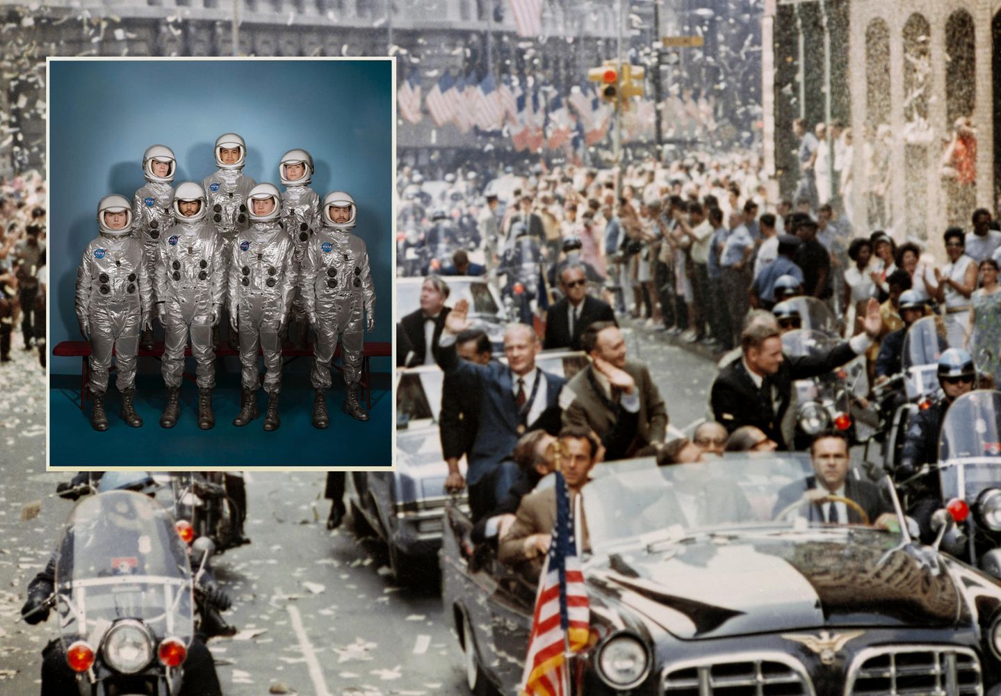 Kollage: Originalbild der sieben Astronauten des Mercury-Projekts kombiniert mit queeren Menschen des Projekts Out Astronaut