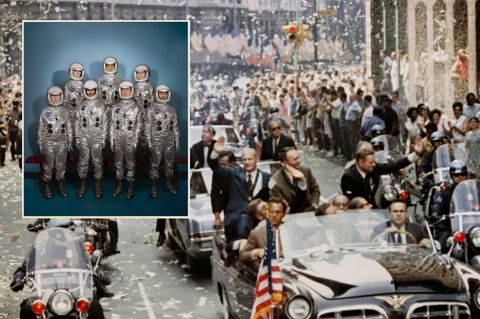 Kollage: Originalbild der sieben Astronauten des Mercury-Projekts kombiniert mit queeren Menschen des Projekts Out Astronaut
